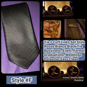 NWT Black Tie+Cuff Links Black&Gold Letter "L" Style #G